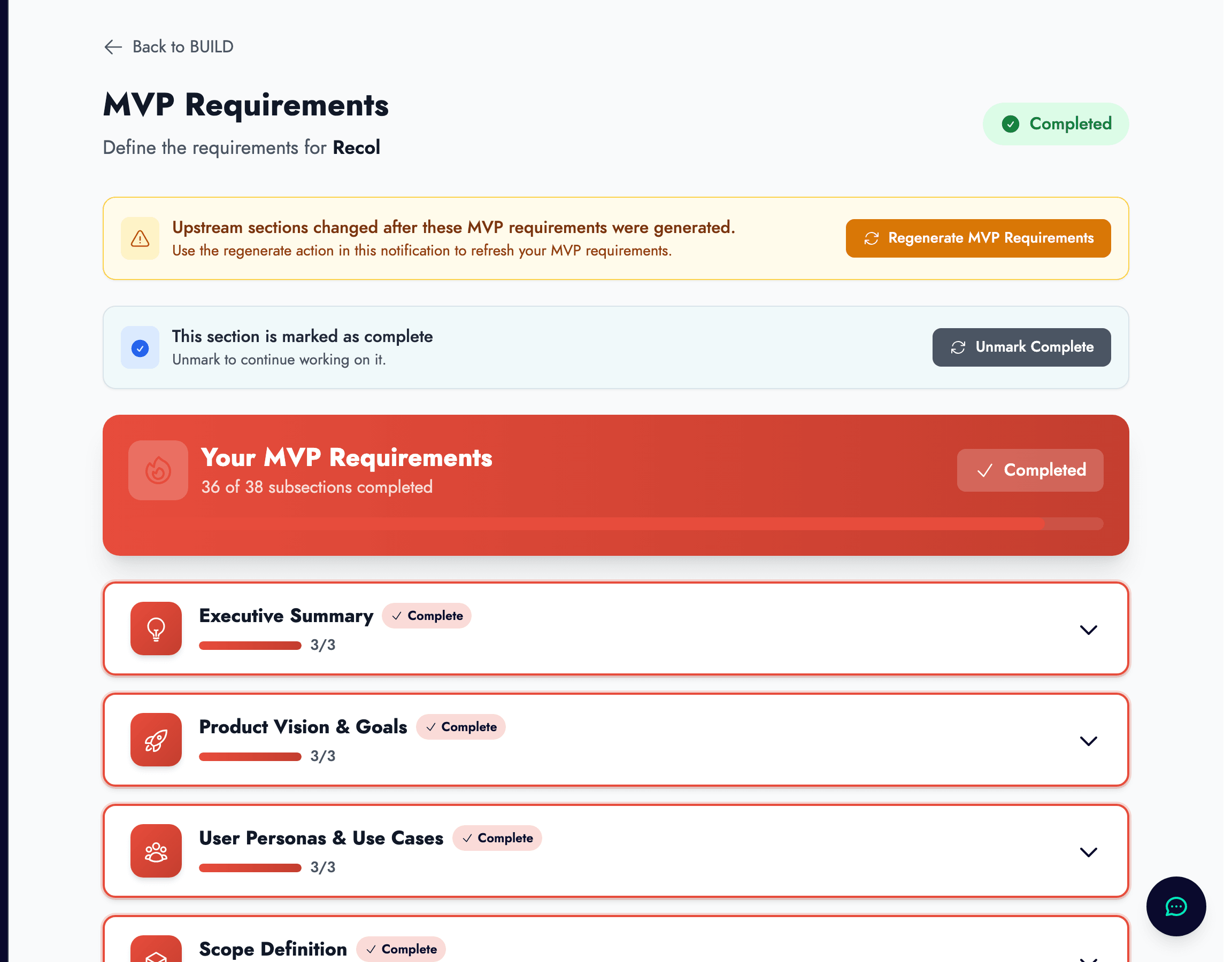 MVP Requirements document showing user stories, technical requirements, and architecture overview