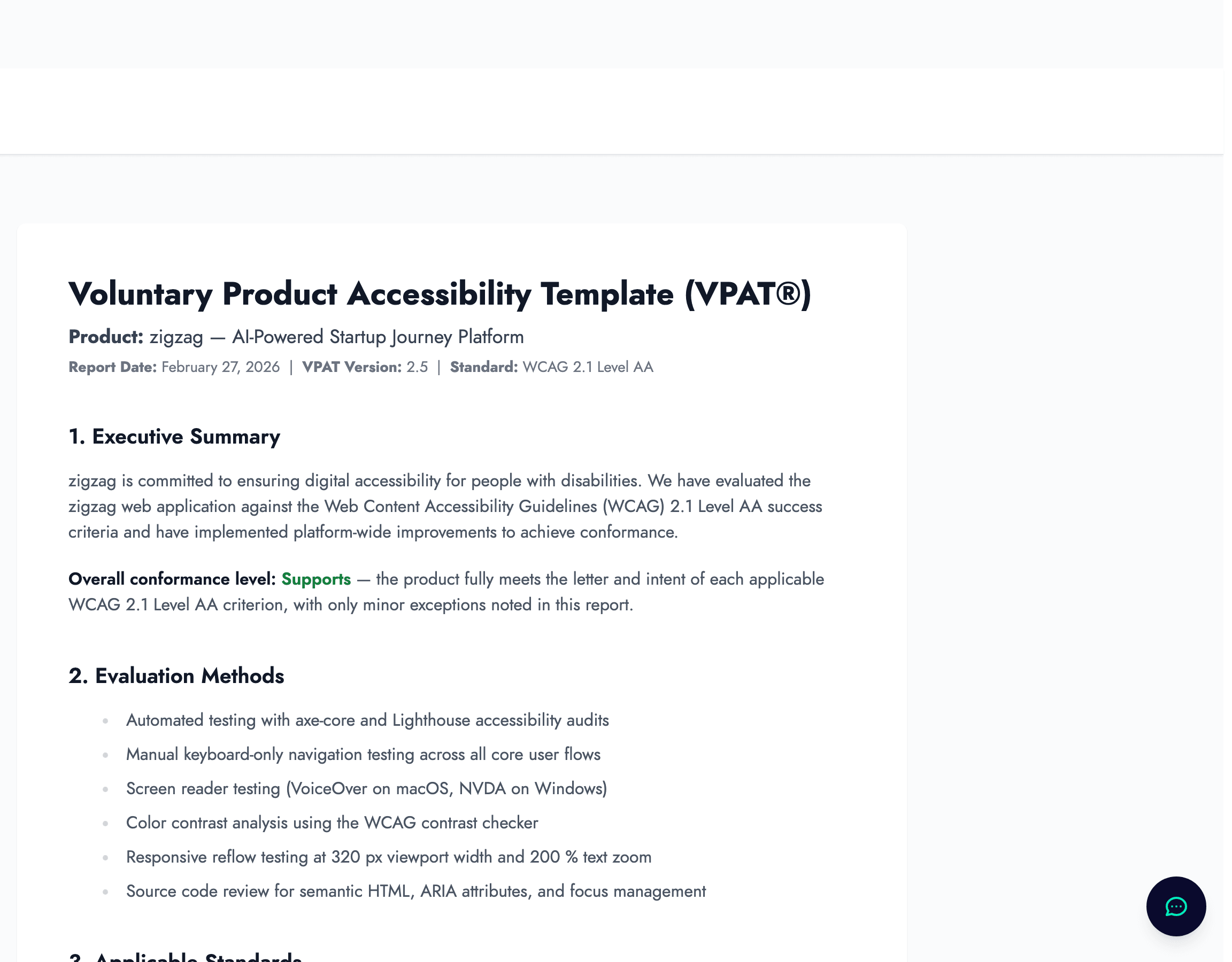VPAT accessibility conformance report showing WCAG 2.1 AA compliance details