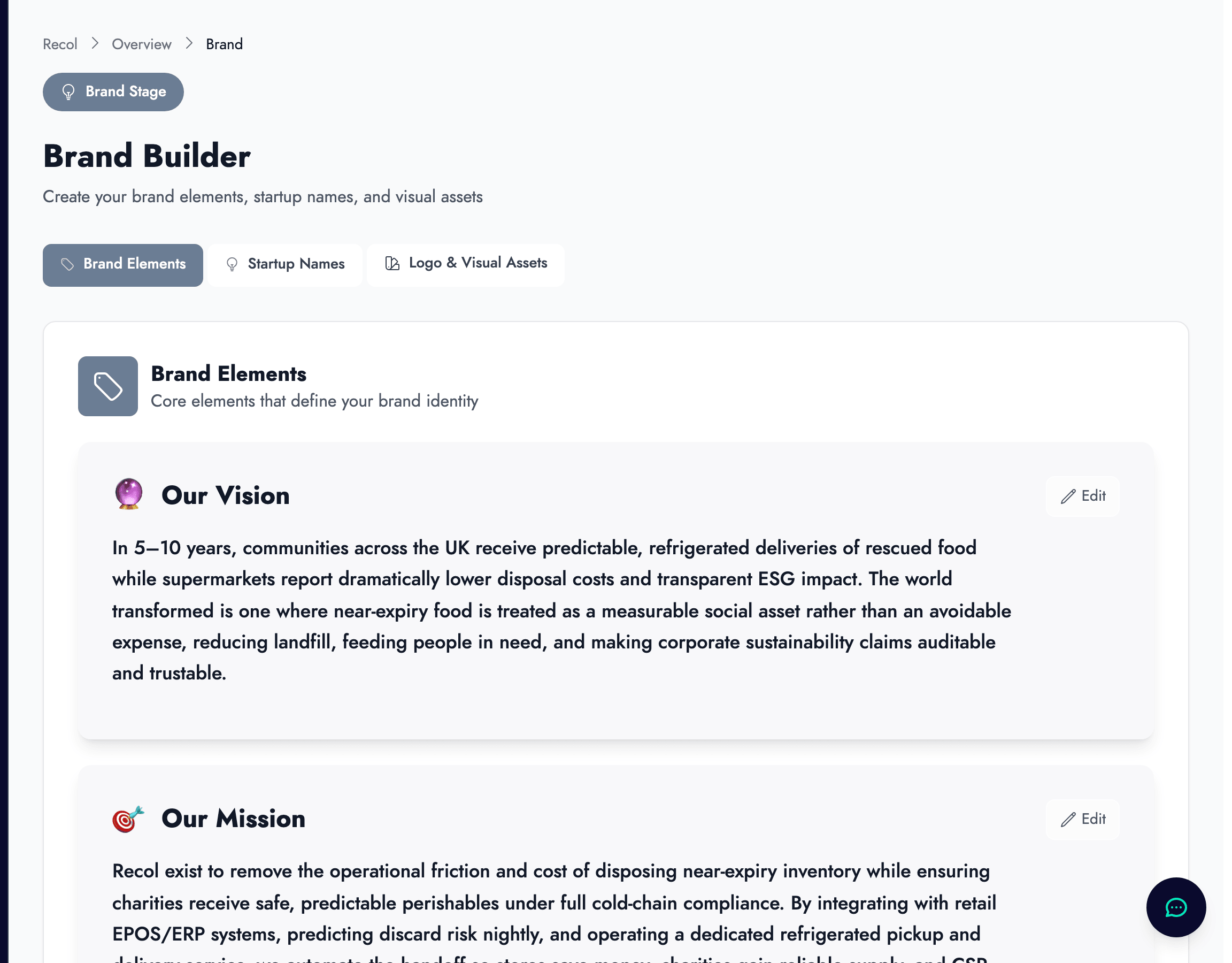 Brand Elements editor showing mission, vision, values, tagline, and tone of voice fields