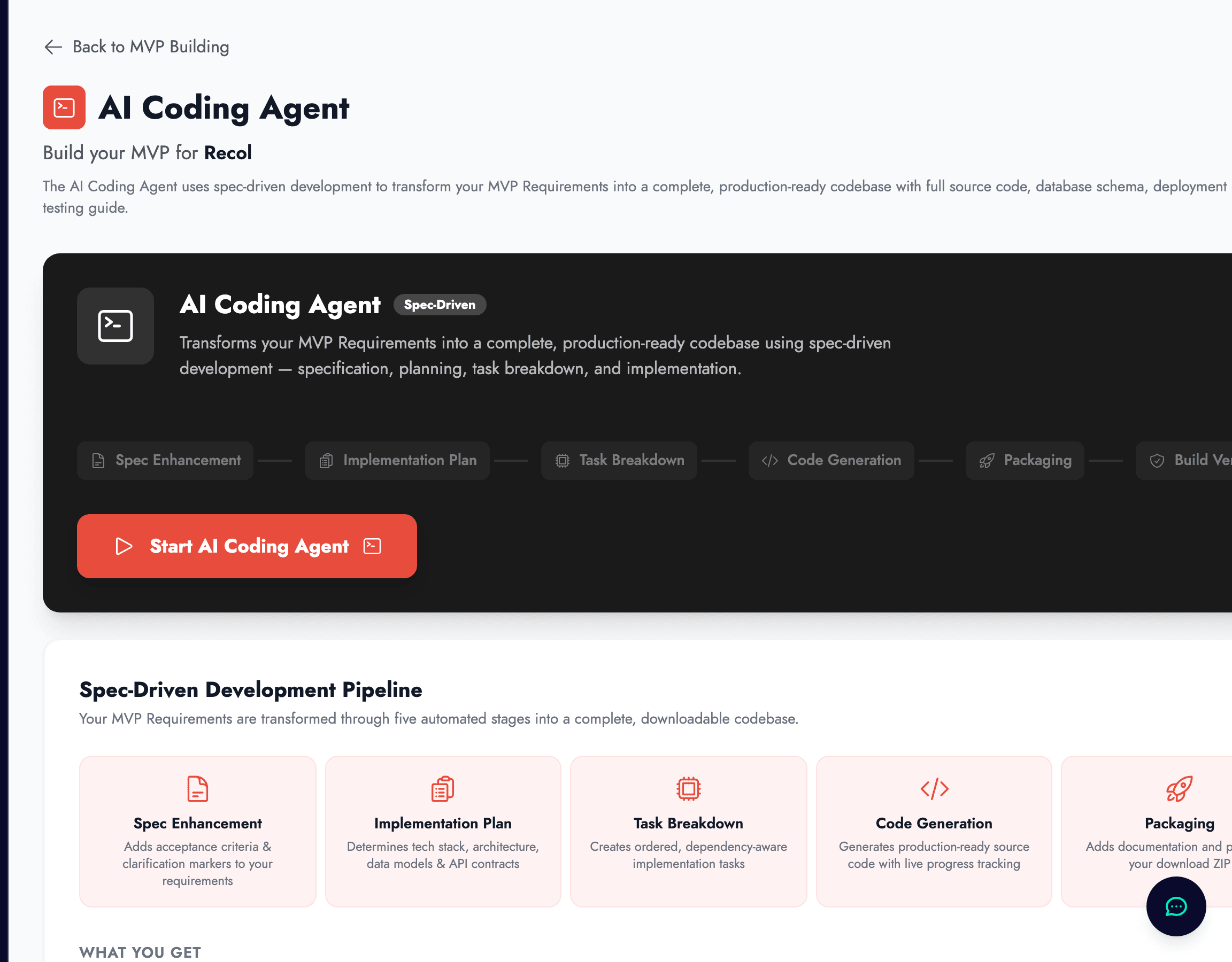AI Coding Agent interface with spec-driven development workflow and code generation