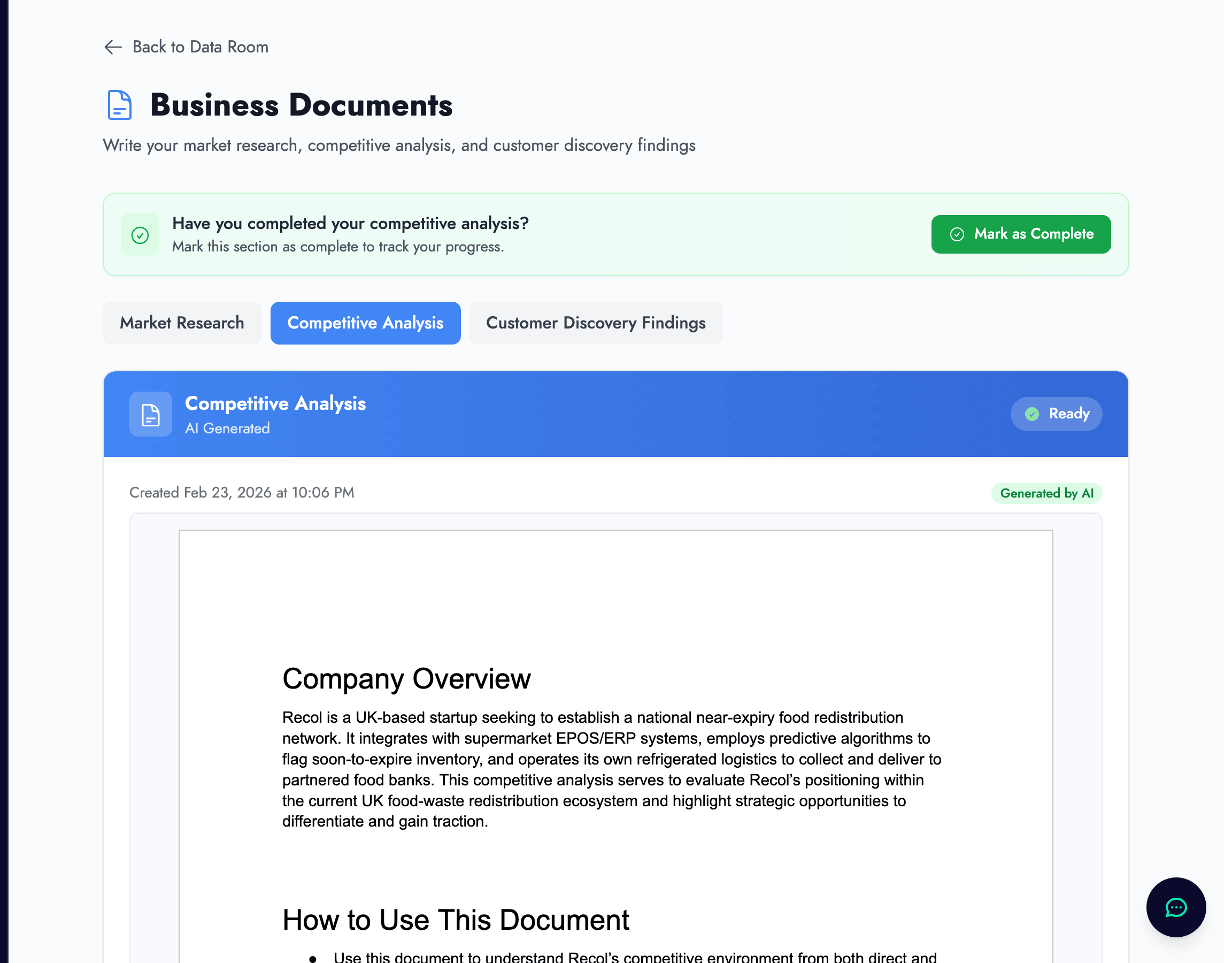 Competitive Analysis section in the business documents area of the data room