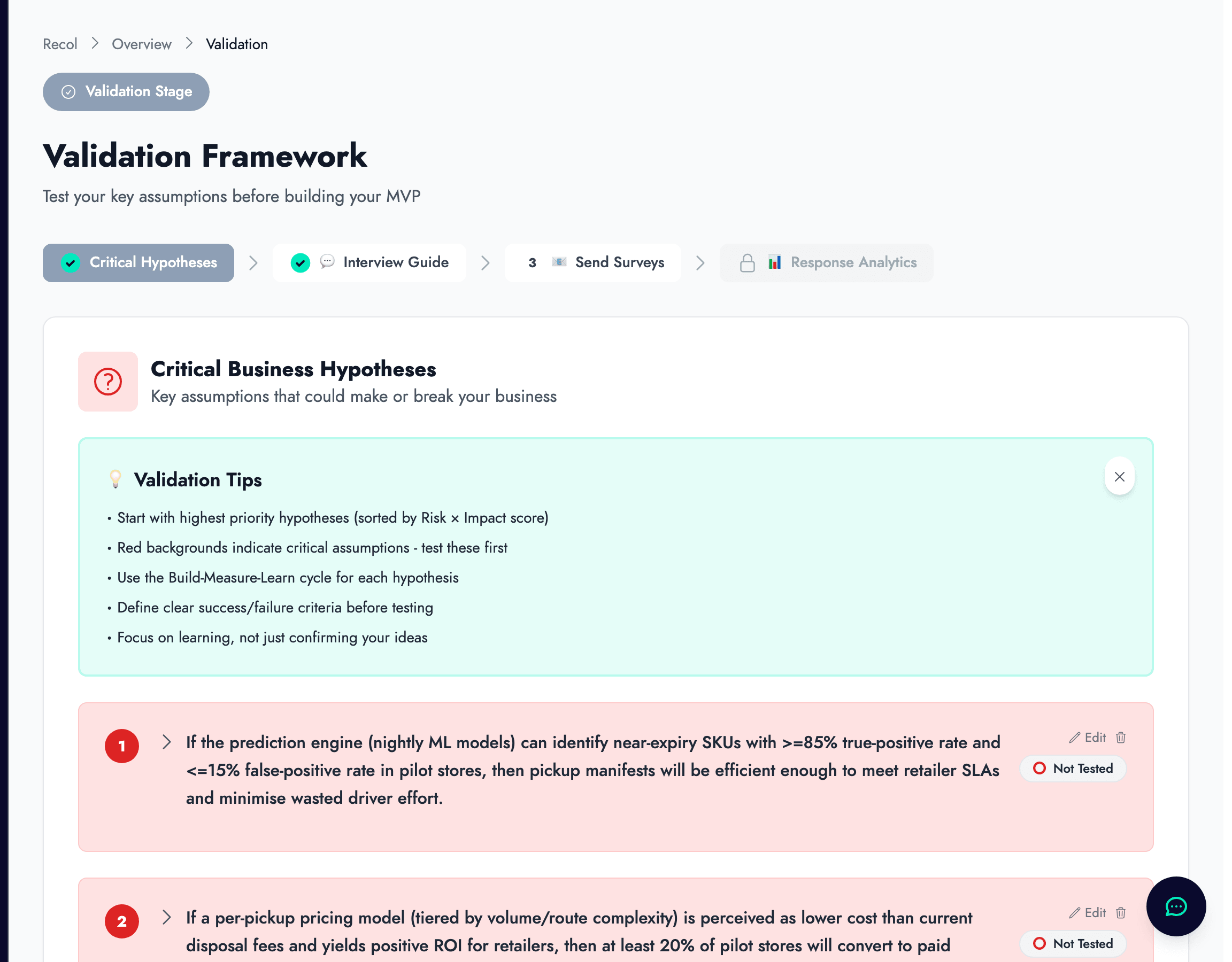 Critical Business Hypotheses tracker showing prioritised assumptions with risk and impact scores