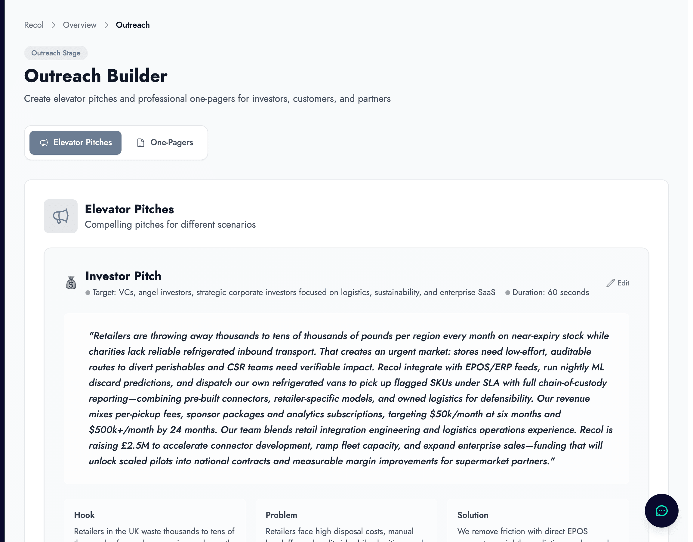 Elevator Pitches page showing an Investor Pitch with target audience, duration, and full pitch text