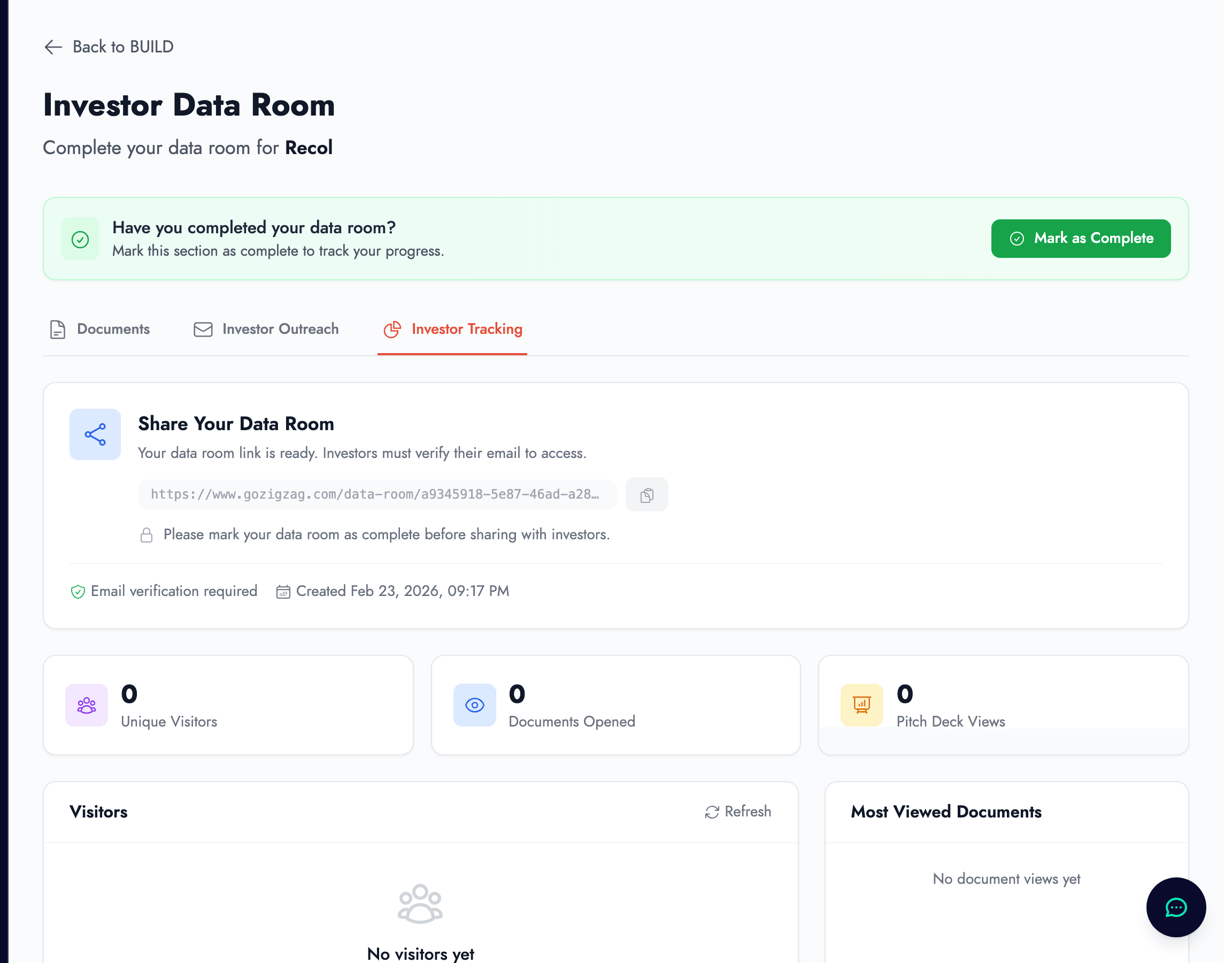 Investor Tracking dashboard showing data room link sharing, visitor analytics, and document views