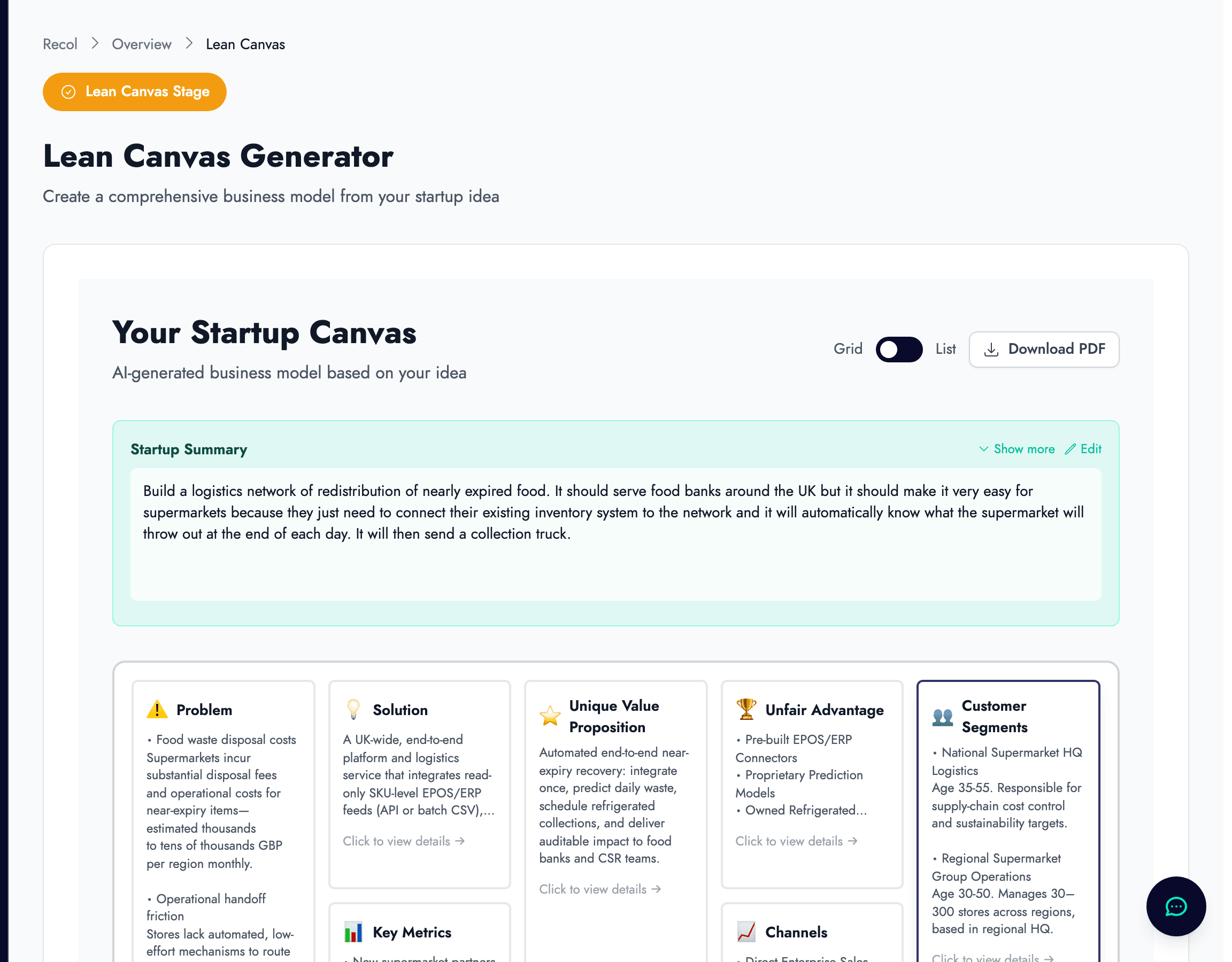 Lean Canvas generator showing the startup idea input and AI-generated business model overview
