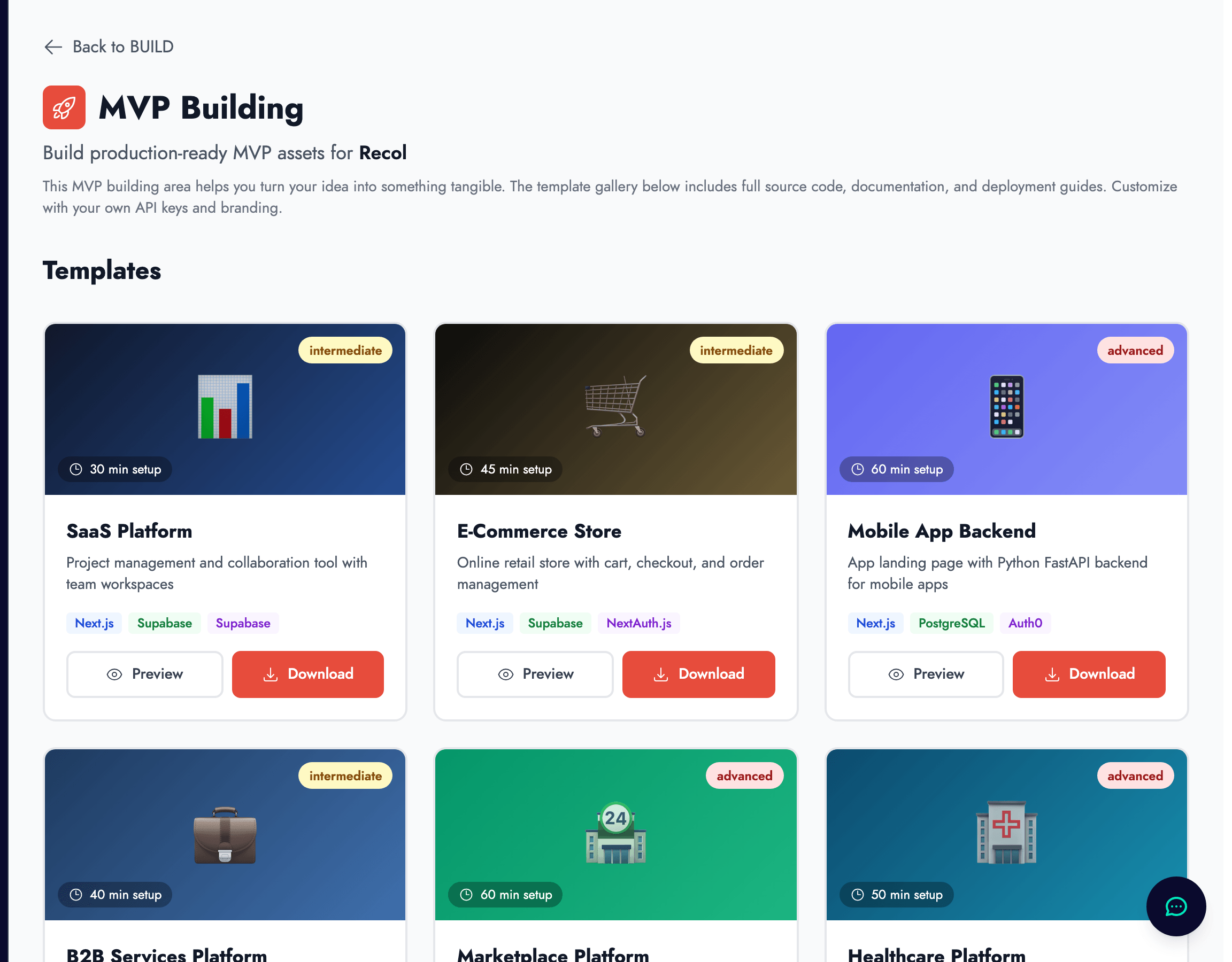 MVP Template Builder showing industry-specific starter templates ready for download