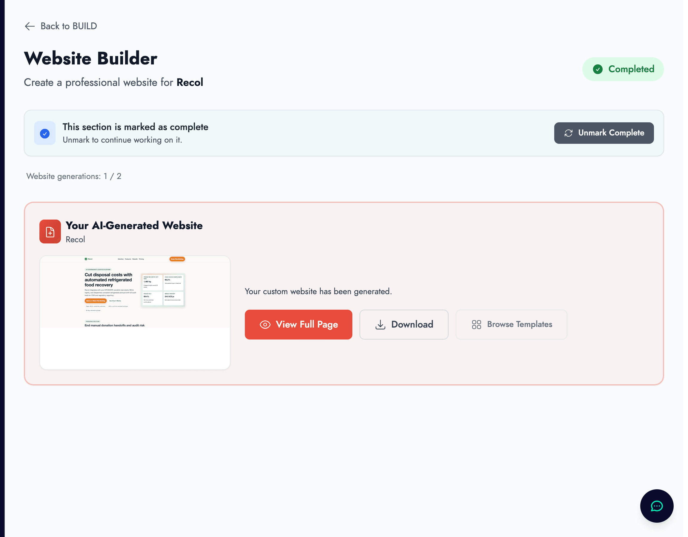 Landing Page Builder with AI-generated website sections and customisation options